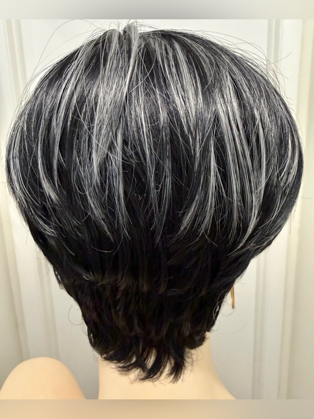 HAIR, Pixie with Nails, Long Bangs, Spiral Crown, Black with Silver highlights - Picture 6 of 10